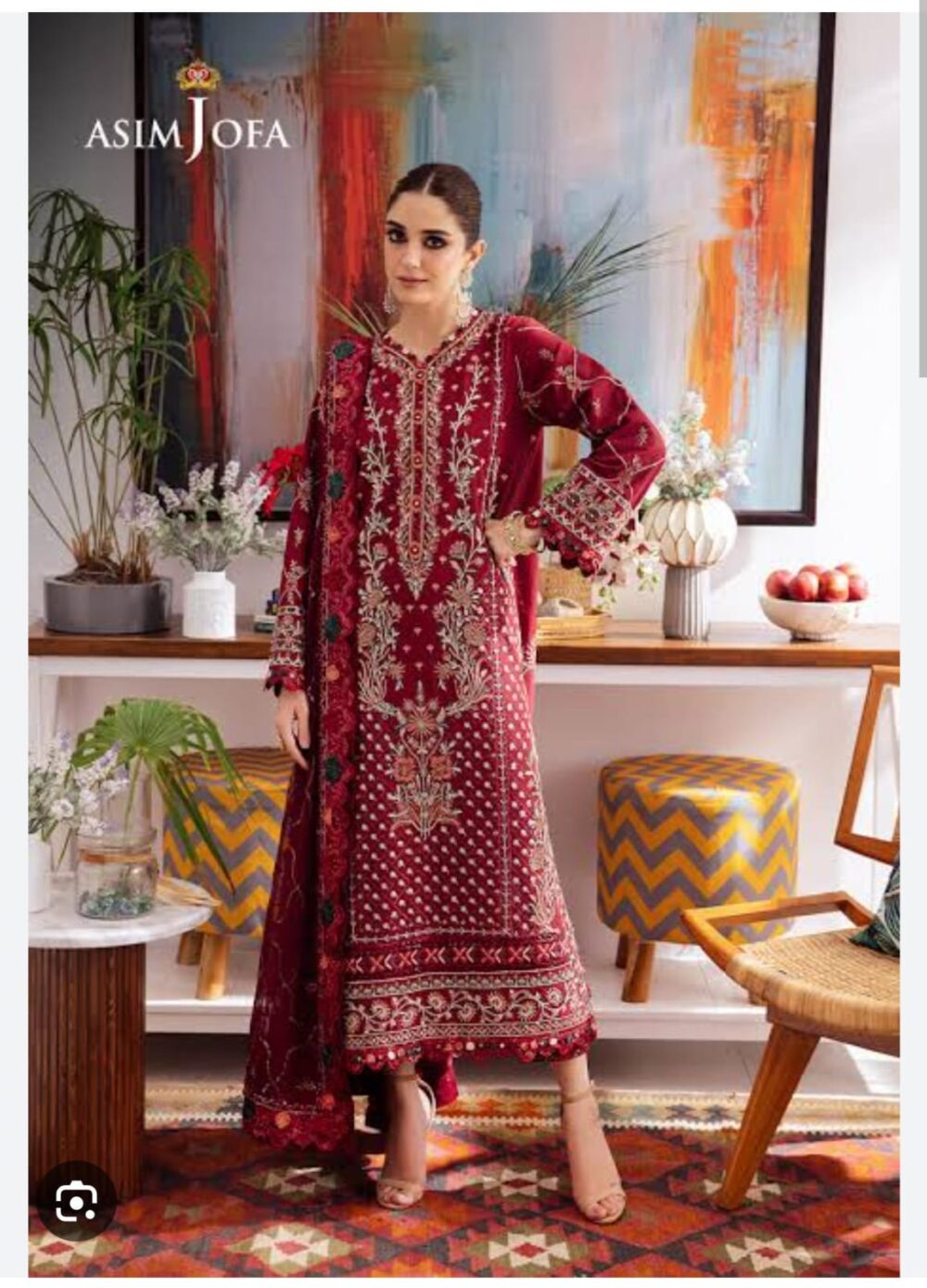 Asim Jofa Original Cotton 3pc (Embroidery + Chiffon) JW-0019